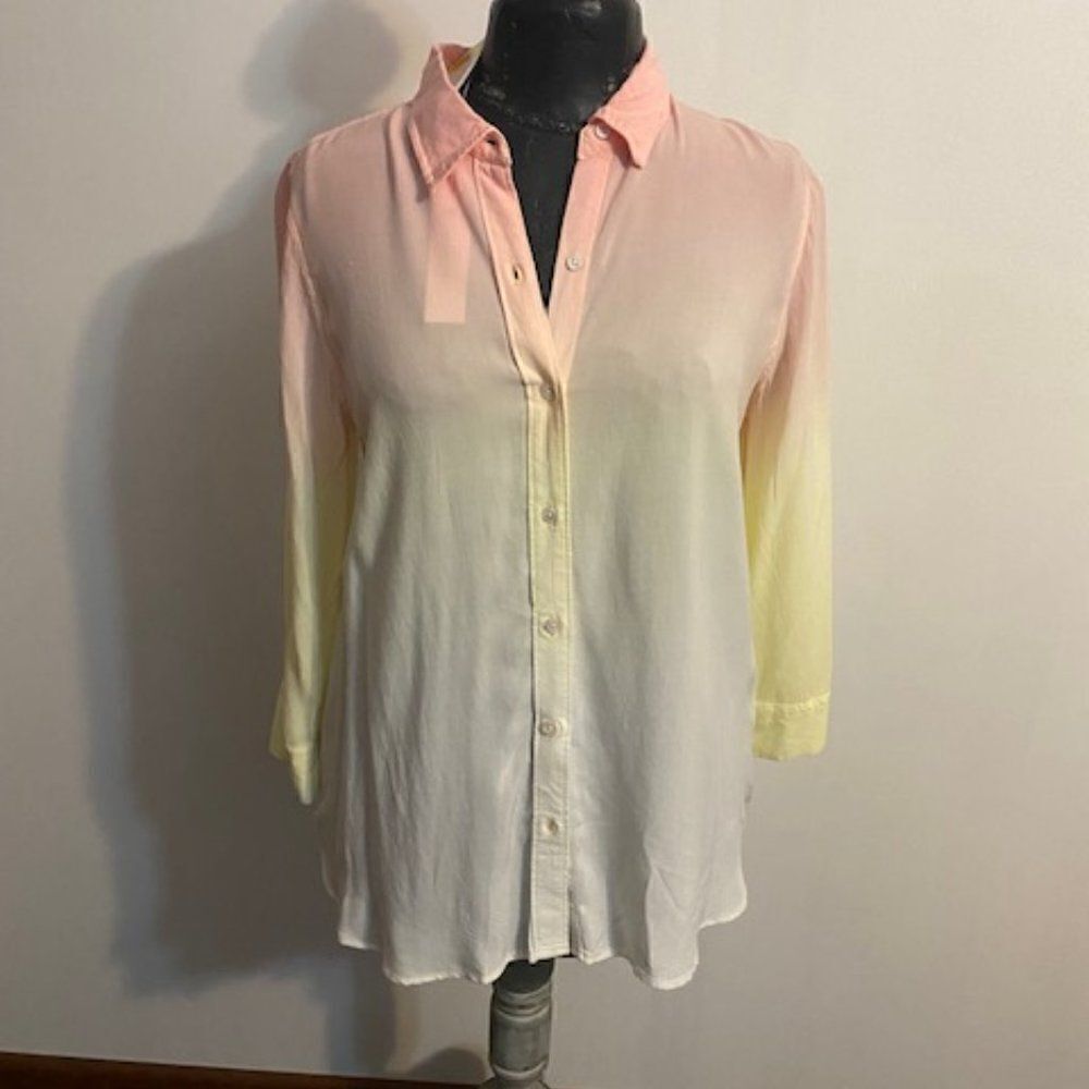 Intro. Pink/Yellow/White button-down 3/4 roll tab sleeves blouse, size S